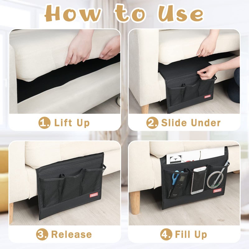 HAKACC Bedside Storage Organizer with Pocketsï¼ŒBedside Caddy,Remote Control Holder Armchair Couch Caddy Sofa Armrest Bagï¼Œbed accessories,Black - Image 3